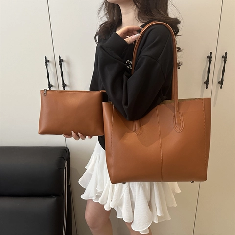 Bolso Tote Grande Vintage De Cuero PU Bolso De Hombro Versátil Para El Trabajo Color Sólido