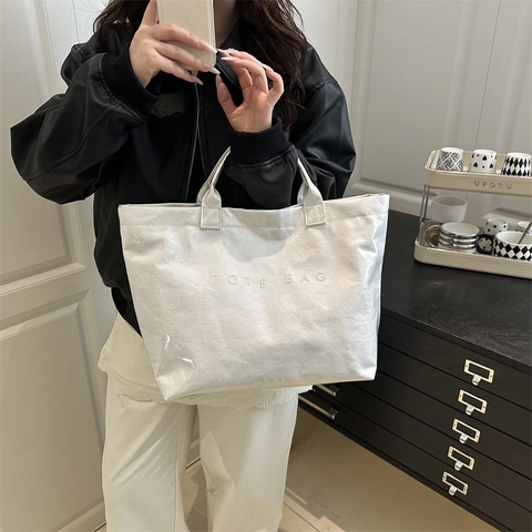 Women's Trendy Large Capacity Tote Bag Minimalist DuPont Paper Texture PU Leather Shoulder Bag Letter Print Handbag