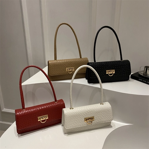 Sac Baguette Tissé à la Mode pour Femmes Sac à Bandoulière en Cuir Synthétique Gauffré Sac sous le Bras Minimaliste avec Boucle