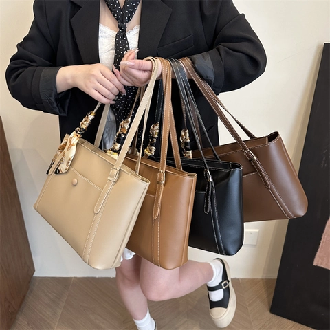 Women Large Capacity PU Leather Shoulder Tote Bag With Contrast Stitching Front Pocket And Decorative Satin Scarf
