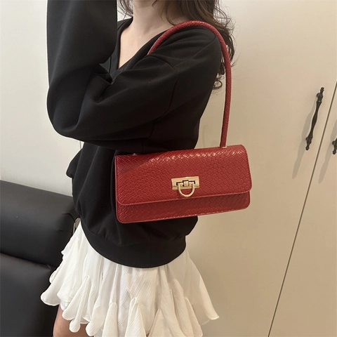 Damen Unterarm Baguette Tasche PU Leder Webstruktur Krokodilmuster Goldener Metallverschluss Schicke Minimalistische Schultertasche