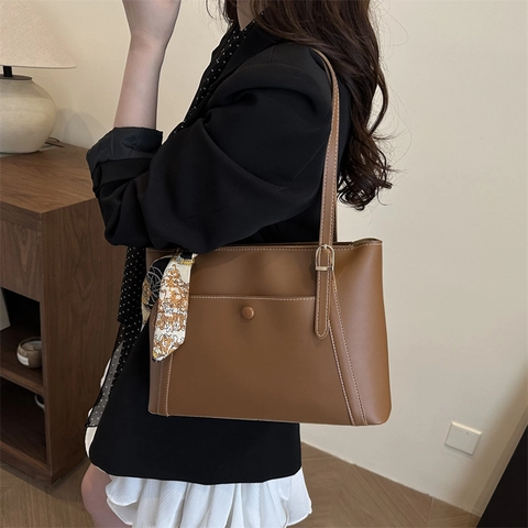 Women Large Capacity PU Leather Shoulder Tote Bag With Contrast Stitching Front Pocket And Decorative Satin Scarf