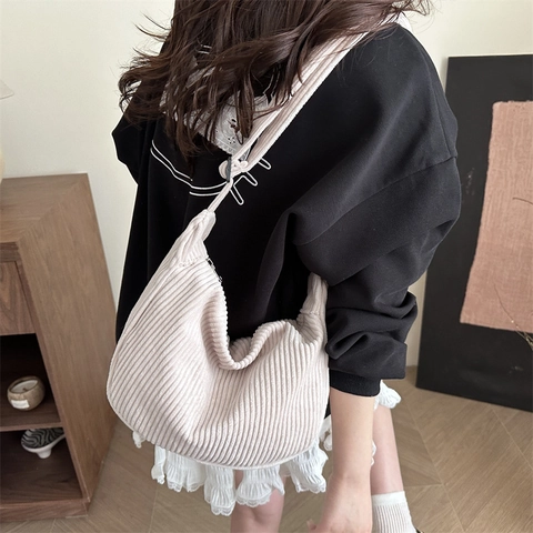 Borsa a Tracolla Hobo da Donna in Velluto a Coste Grande Capacità Tracolla Regolabile Casual Semplice Stile Giapponese