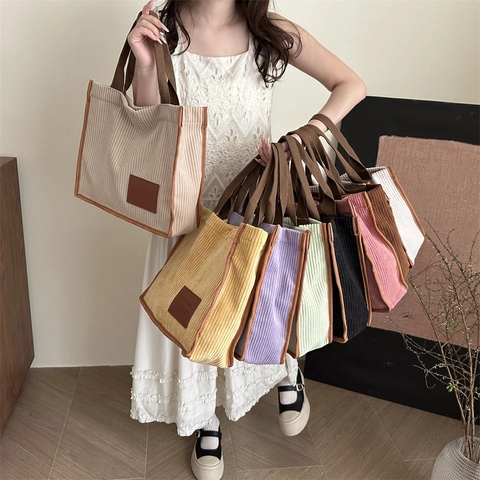 Borsa Tote In Velluto A Coste Grande Capacità Borsa A Spalla Con Toppa In Pelle Colore A Contrasto Retro Casual Donna
