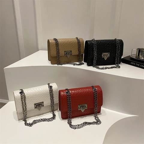Retro Damen Umhängetasche Gewebte Textur PU Leder Krokodilmuster Metallkettenriemen Kleine Quadratische Schultertasche