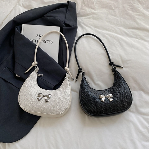 Franse Stijl Premium Crescent Hobo Tas Voor Vrouwen Vintage PU Lederen Oksel Schoudertas Met Zilveren Metalen Strik