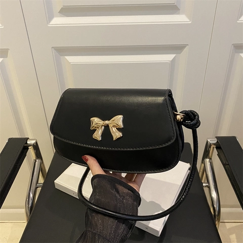 Women Fashion Bow Knot Shoulder Bag PU Leather Underarm Bag Minimalist Solid Color Dating Party Crossbody Bag
