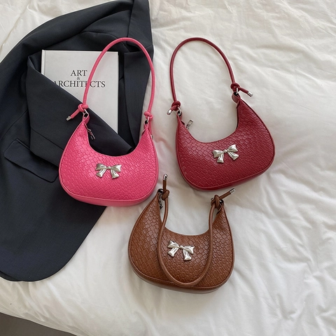 Franse Stijl Premium Crescent Hobo Tas Voor Vrouwen Vintage PU Lederen Oksel Schoudertas Met Zilveren Metalen Strik