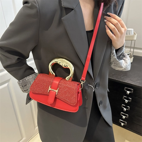 Sequin Flap Handbag PU Leather Crossbody Bag With Sculptural Gold Metal Handle And H Buckle For Women Fashionable Niche