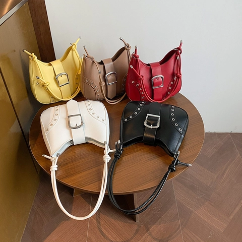 Damen PU Leder Achsel Umhängetasche Große Metallschnalle Nieten Dekor Vintage Baguette Hobo Tasche