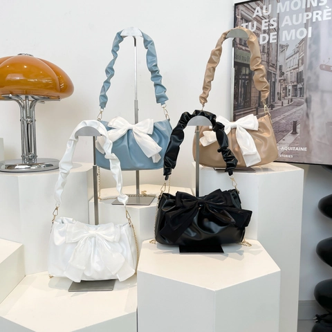 Sac Bandoulière Plissé Cuir PU Grand Nœud Sac À Main Sous Les Bras Avec Chaîne Style Élégant Et Doux Accessoire De Mode Femmes