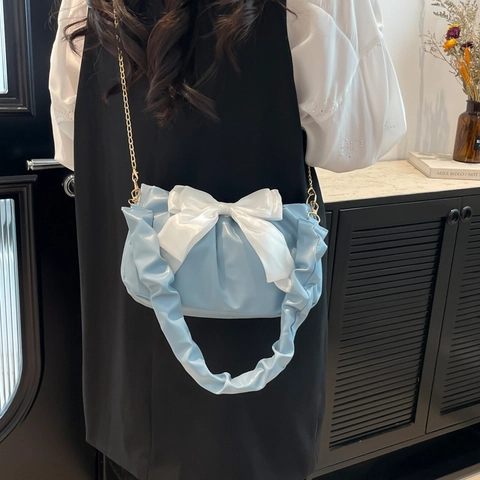 Sac Bandoulière Plissé Cuir PU Grand Nœud Sac À Main Sous Les Bras Avec Chaîne Style Élégant Et Doux Accessoire De Mode Femmes