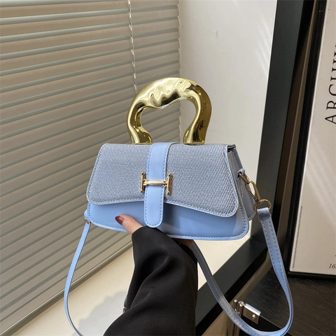 Women Fashion Patchwork Crossbody Bag With Gold Metal Handle H-Shaped Buckle Synthetic Leather Fabric Shoulder Square Bag