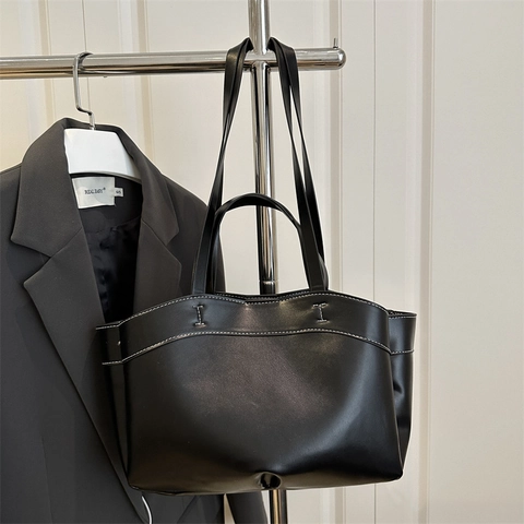 Women Large Capacity PU Leather Tote Bag With Inner Pouch Contrast Stitching Minimalist Handbag Commuter Shoulder Bag