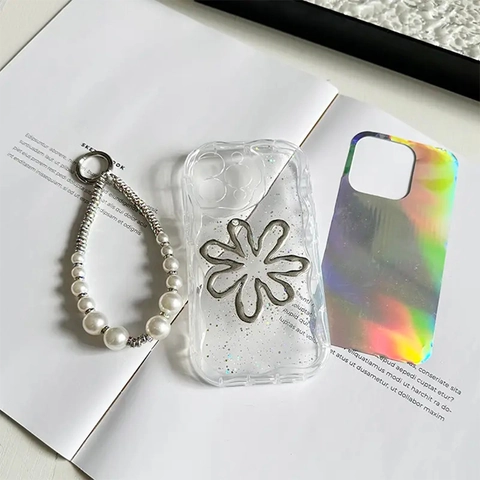 Luxus Laser Glitzer Pailletten Hohlblume Hülle Für iPhone 17 16 15 Pro Max Perlen Strass Handkette Weiche TPU Schutzhülle
