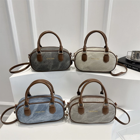 Dames Mode Vintage Boston Tas Denim Canvas Handtas Kleurblok Crossbody Schoudertas Met Verstelbare Riem Dagelijkse Tas
