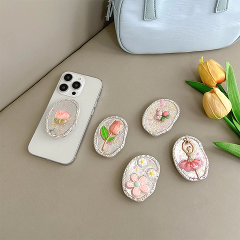 Phone Grip Tok Ausziehbarer Ständer Halter Kunststoff Glitzer Harz Tulpe Hase Ballett Design Für Smartphones