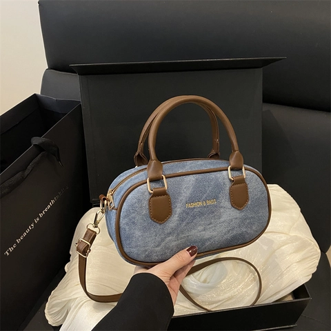Mini Bolso Boston Mujer Bolso De Mano De Lona Denim Con Adorno De Cuero PU Vintage Color En Contraste Bandolera