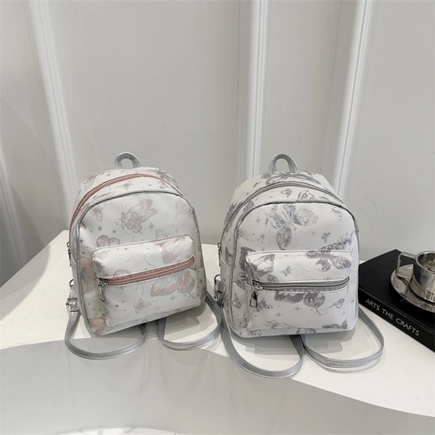 Mini Sac À Dos Femme Cuir PU Imprimé Papillon Étoile Mode Sac D'école Style Preppy Navette Voyage