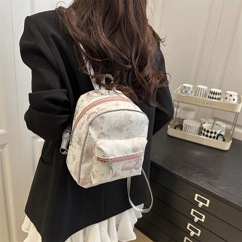 Mini Sac À Dos Femme Cuir PU Imprimé Papillon Étoile Mode Sac D'école Style Preppy Navette Voyage