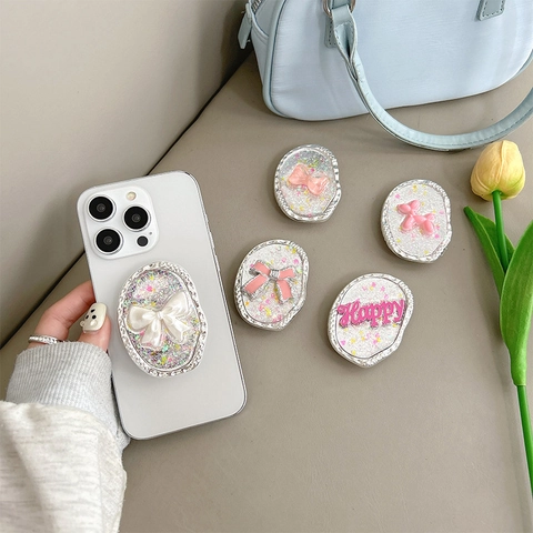 Phone Grip Oval Glitzer Pailletten Funkelnd Ausziehbarer Halter Mit 3D Schleife Ballon Hund Happy Ästhetik Für Smartphone
