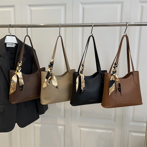 Borsa Tote in Pelle PU Vintage di Grande Capacità per Donna Con Decorazione a Sciarpa in Seta Cuciture a Contrasto Semplice Borsa a Tracolla