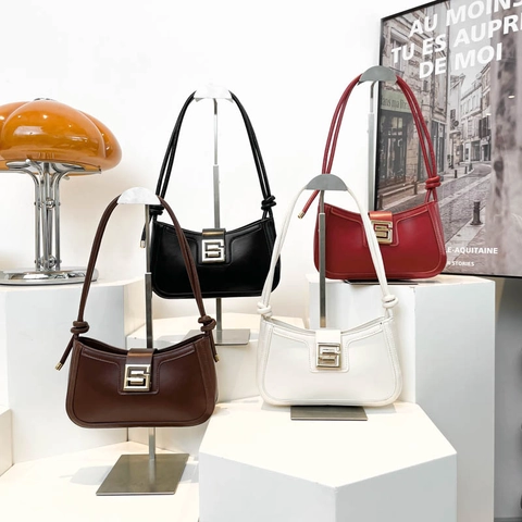 Women Baguette Bag PU Leather Underarm Shoulder Bag With Metal Buckle And Knot Strap Retro French Commuter Solid Color