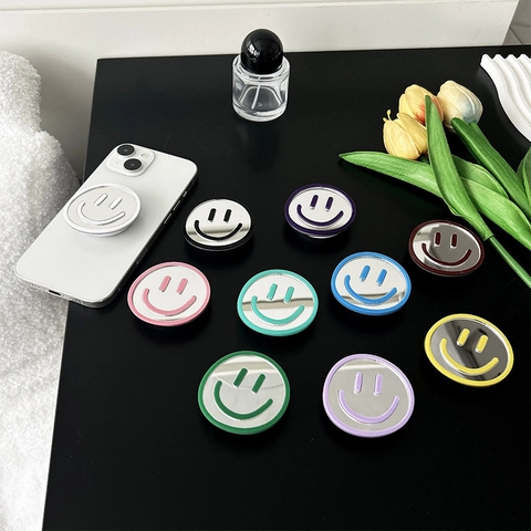 Smiley Face Spiegel Telefoonhouder Pop-up Socket Opvouwbare Bureaustandaard Draagbare Make-up Spiegel Voor Smartphones
