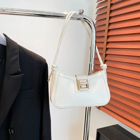 Women Baguette Bag PU Leather Underarm Shoulder Bag With Metal Buckle And Knot Strap Retro French Commuter Solid Color