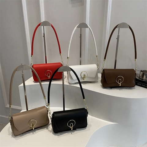 Retro PU Leather Small Square Shoulder Bag For Women Solid Color Commuter Underarm Bag With Golden Metal Buckle Chain Strap