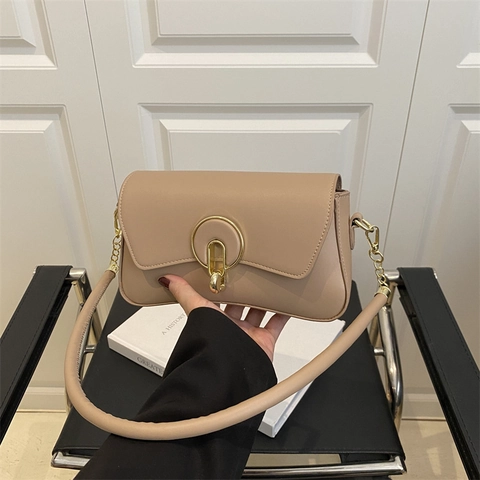 Women Shoulder Bag PU Leather Gold Ring Buckle Flap Square Underarm Handbag Casual Minimalist Purse