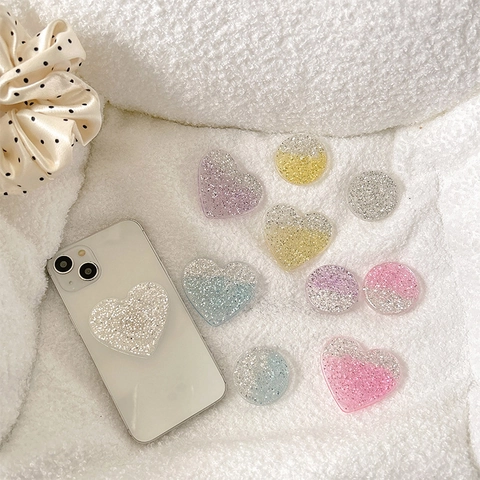 Supporto Telefono Cuore E Rotondo Glitter Resina Pieghevole Estensibile Impugnatura Per Dita Adesivo Scintillante Sfumato