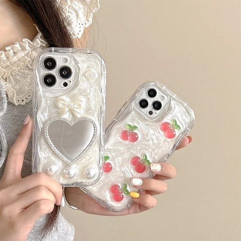 Phone Case Compatible With iPhone 3D Cherry Heart Mirror Bow Artificial Pearl Decor Wavy Edge Sweet Soft TPU Shockproof Cover