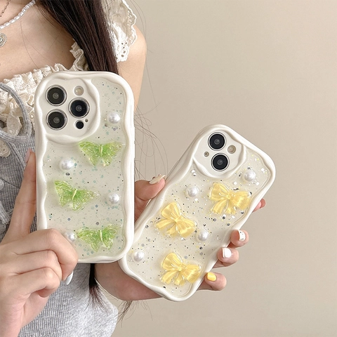 3D Butterfly Bowknot Artificial Pearl Phone Case TPU Wave Edge Glitter Shockproof Cover For iPhone Series Sweet Cute Ins Style