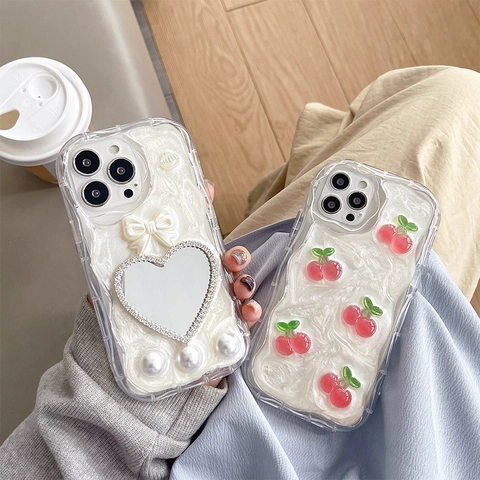Phone Case Compatible With iPhone 3D Cherry Heart Mirror Bow Artificial Pearl Decor Wavy Edge Sweet Soft TPU Shockproof Cover