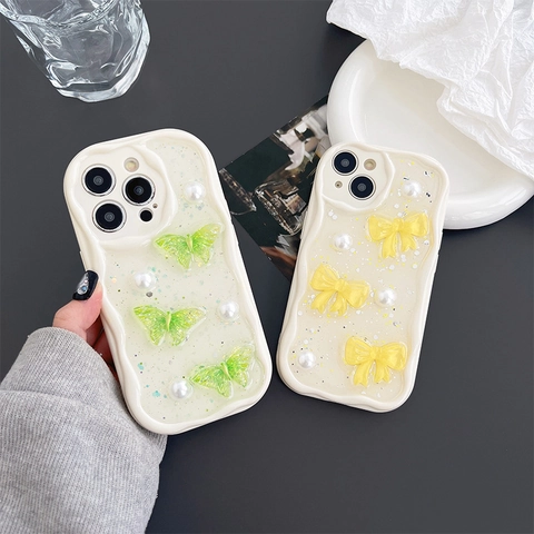 3D Butterfly Bowknot Artificial Pearl Phone Case TPU Wave Edge Glitter Shockproof Cover For iPhone Series Sweet Cute Ins Style