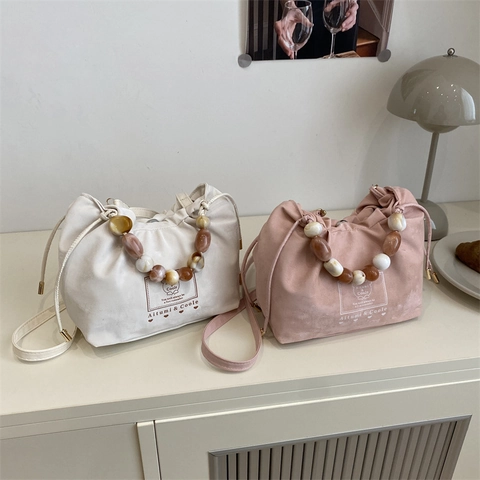 Sac À Main À Cordon Pour Femme Poignée En Perles Sac À Bandoulière Plissé Élégant Tendance Polyvalent Mode Dame