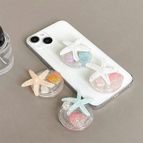 Support De Téléphone 3D Étoile De Mer Coquillage Paillettes Résine Transparente Design Océan Poignée Extensible