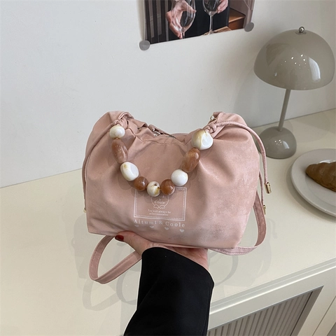 Sac À Main À Cordon Pour Femme Poignée En Perles Sac À Bandoulière Plissé Élégant Tendance Polyvalent Mode Dame