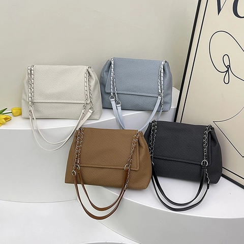 Women Crossbody Bag Twill Textured Synthetic Leather Flap Large Capacity Spliced Chain Strap Daily Simple Chic