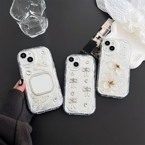 Funda De Smartphone Con Diamantes De Imitación Espejo Mariposa Lazo Flor Brillo Transparente Borde Ondulado Antichoque