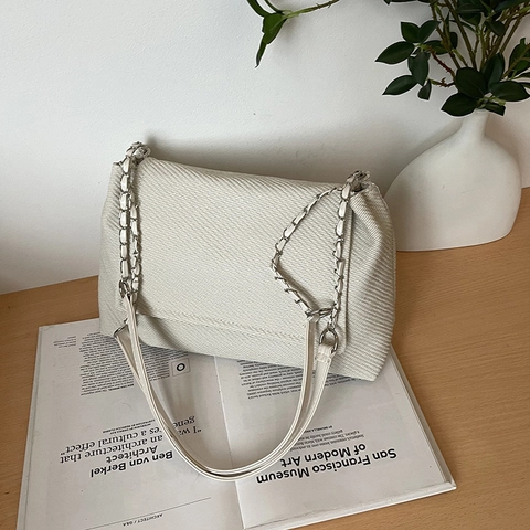 Women Crossbody Bag Twill Textured Synthetic Leather Flap Large Capacity Spliced Chain Strap Daily Simple Chic