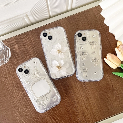 Funda De Smartphone Con Diamantes De Imitación Espejo Mariposa Lazo Flor Brillo Transparente Borde Ondulado Antichoque