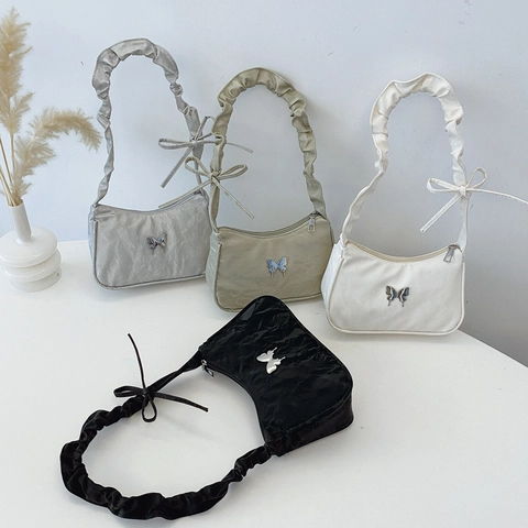 Sac Sous Les Aisselles En Cuir PU Plissé Pour Femmes Décor Papillon En Métal Bandoulière Froncée Nœud Sac À Main Fermeture Éclair