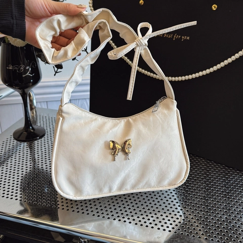 Sac Sous Les Aisselles En Cuir PU Plissé Pour Femmes Décor Papillon En Métal Bandoulière Froncée Nœud Sac À Main Fermeture Éclair