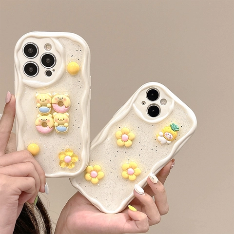 Custodia iPhone Simpatico Orso Ciambella Fiore Resina 3D Glitter Bordo Ondulato Antiurto Cover Morbida TPU Per Donna