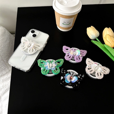Supporto Magnetico Per Telefono Farfalla 3D Impugnatura Retrattile Strass Perle Paillettes Stile Artigianale Elegante Donne