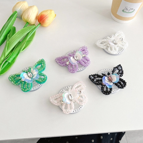 Supporto Magnetico Per Telefono Farfalla 3D Impugnatura Retrattile Strass Perle Paillettes Stile Artigianale Elegante Donne