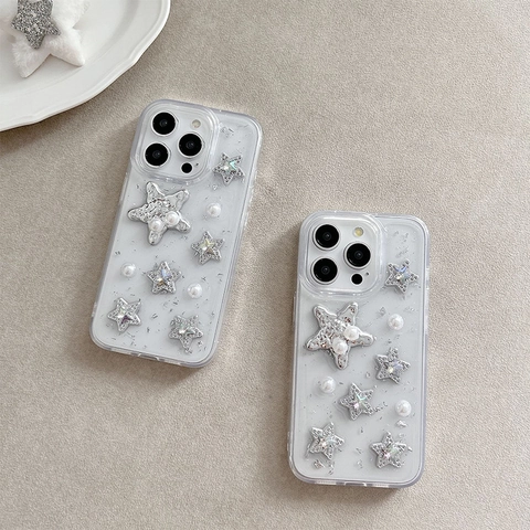 Phone Case For iPhone Transparent TPU Silver Foil Embedded 3D Resin Stars Rhinestone Faux Artificial Pearl Sparkly Y2K Style For Women