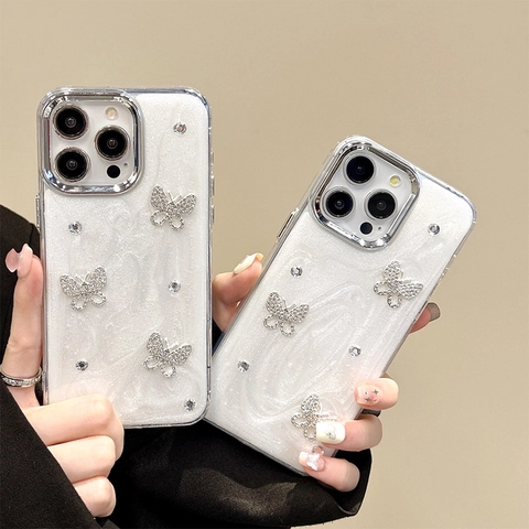 Custodia Per iPhone 17 16 15 Pro Max Farfalla Strass Glitter TPU Cornice Galvanizzata Lusso Bling Accessorio